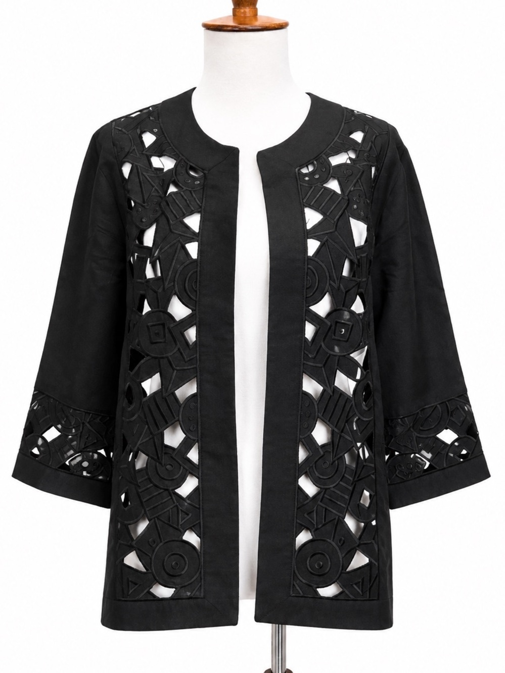 Bob Mackie Wearable Art Black Embroidered Open Cardigan Blazer Linen Blend M